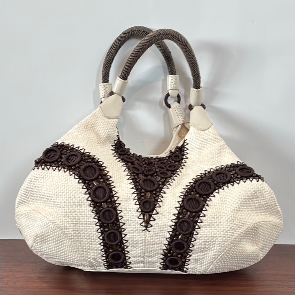 NWT COLE HAAN Alyssa Bead Ivory Straw Braided Satchel Handbag